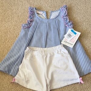 Bonnie Baby Blue & White Striped Ruffle Tank with Pink Trim and White Shorts